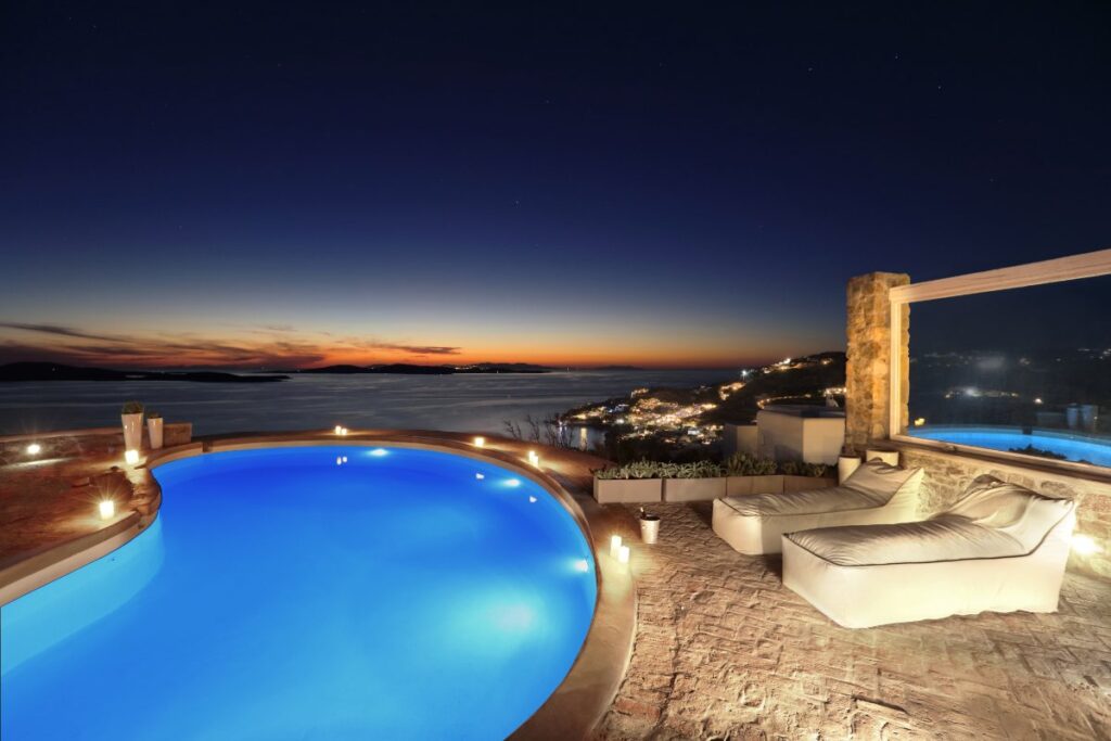 Sunset from Mykonos' finest rental villa with a private pool.