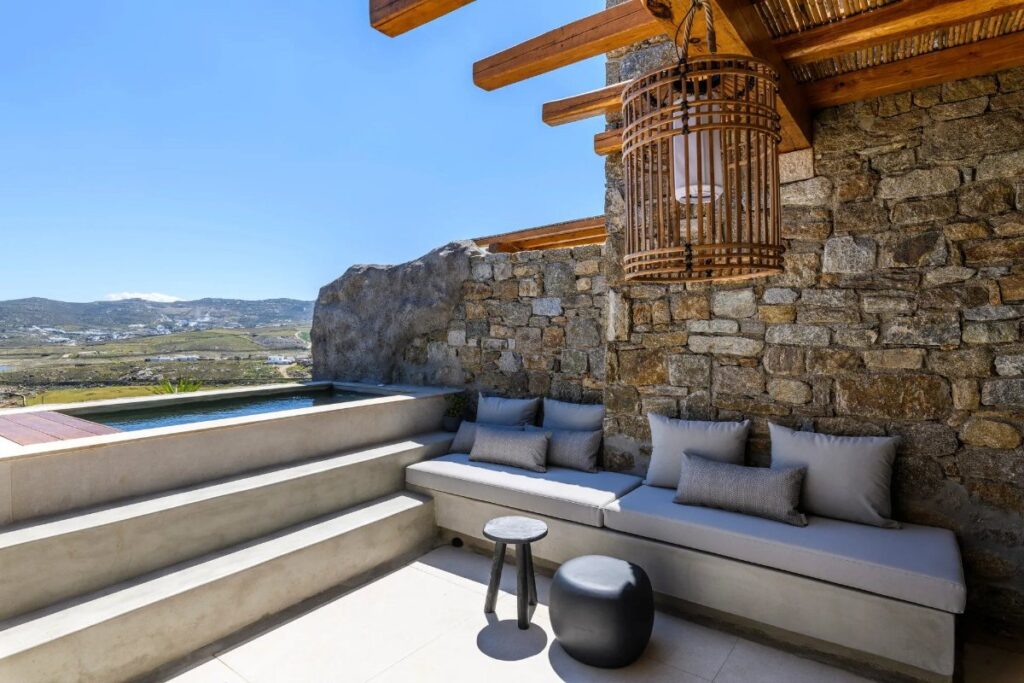 Splendid terrace in a deluxe villa for booking, Mykonos.
