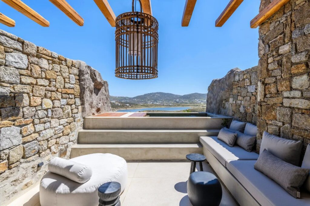 Cozy terrace in Mykonos lavish villa for rent.