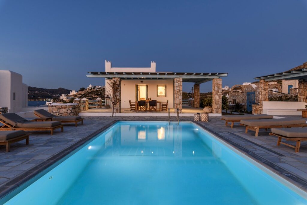 Impressive area for relaxing, Mykonos lavish villa with a private pool ready for booking.
