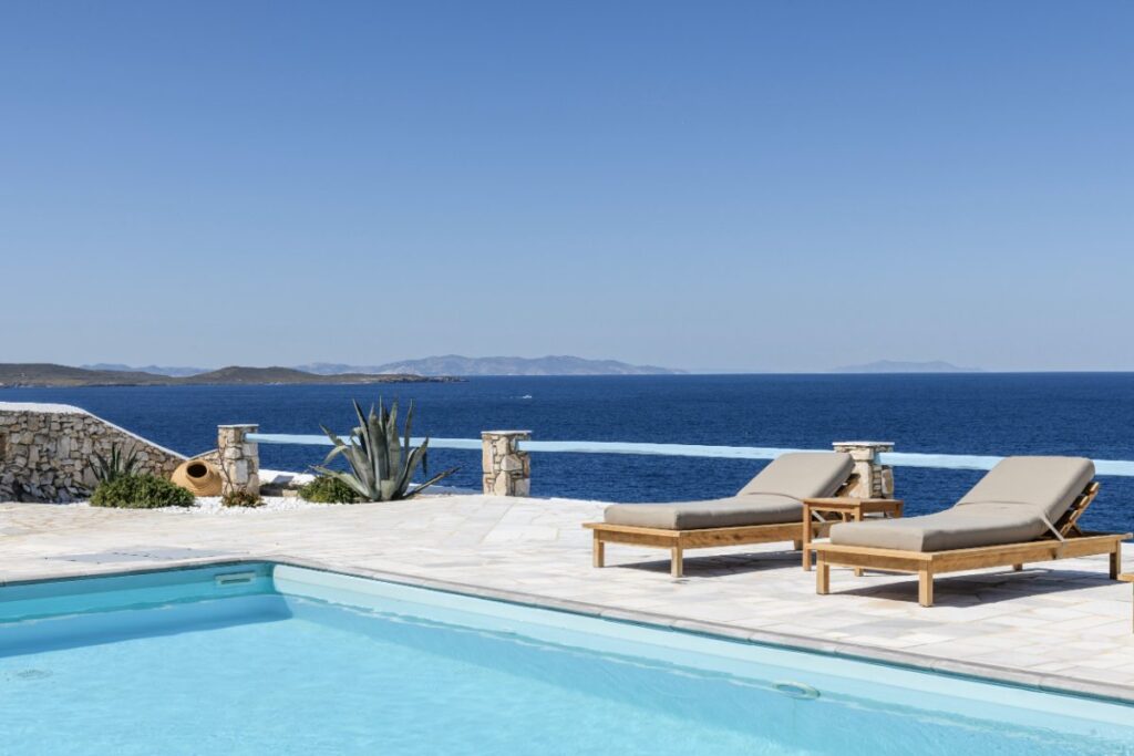 Perfect sea view spot from a lavish Mykonos villa for rent.