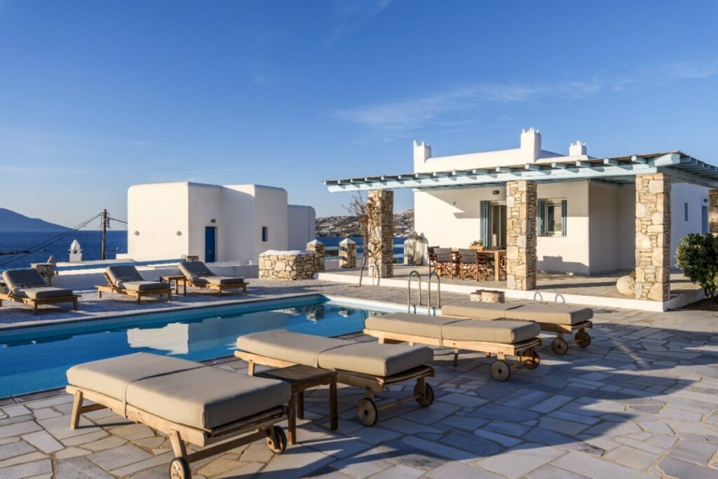 Expansive garden retreat in an exquisite villa for rent with a private pool, Mykonos.
