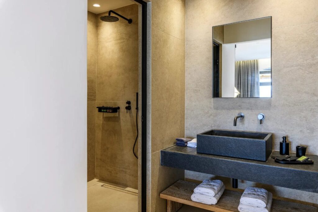 Elegant design of modern bathroom in Mykonos exceptional villa for rent.