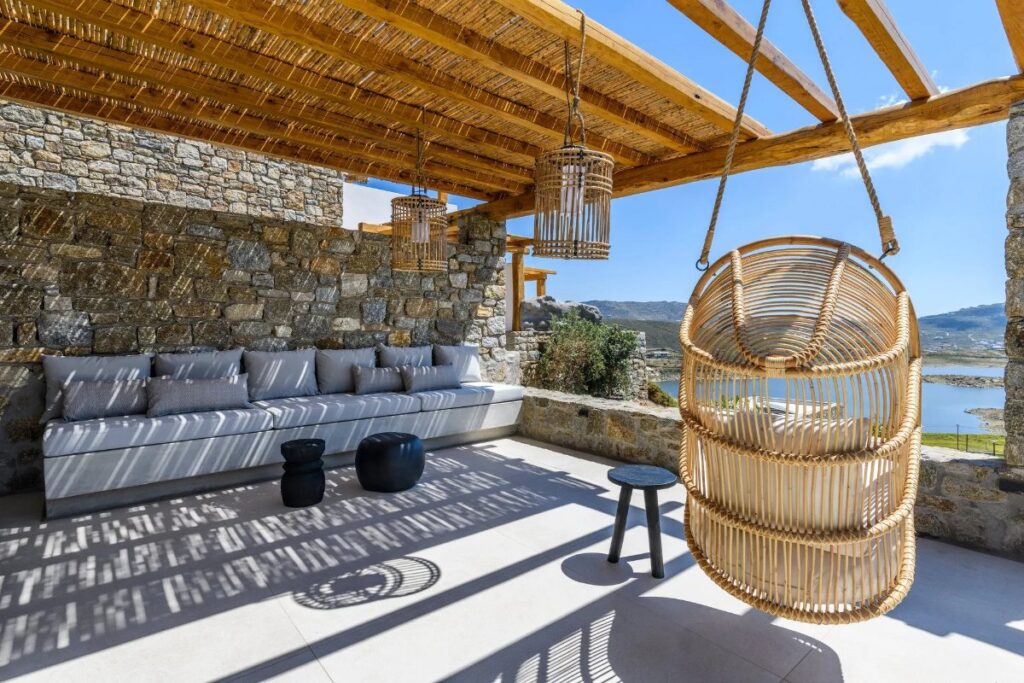 Garden amenities and swing in Mykonos splendid villa for rent.