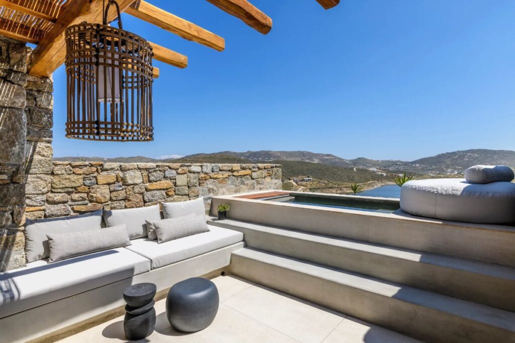 Luxurious terrace in Mykonos lavish villa for rent.