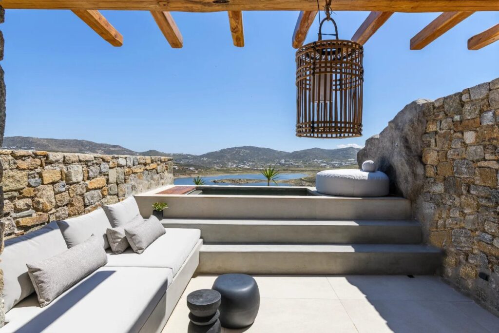 Terrace in Mykonos lavish villa for rent.
