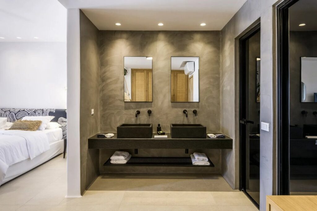 Bathroom with all modern amenities within the best villa for booking, Mykonos.