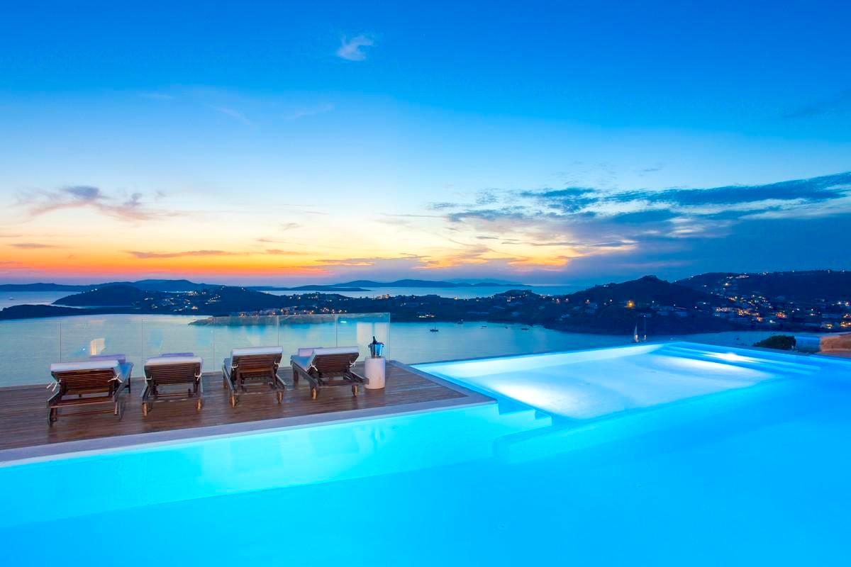 A luxury Mykonos villa at night 