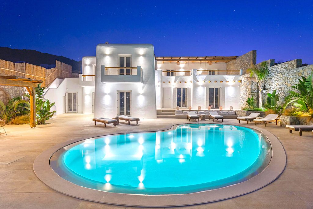 Luxury Mykonos villa at night