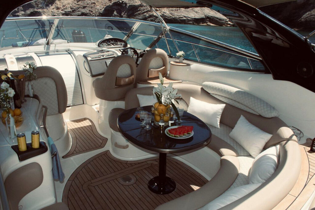 Contemporary lavishness on a distinguished yacht for booking, Mykonos.