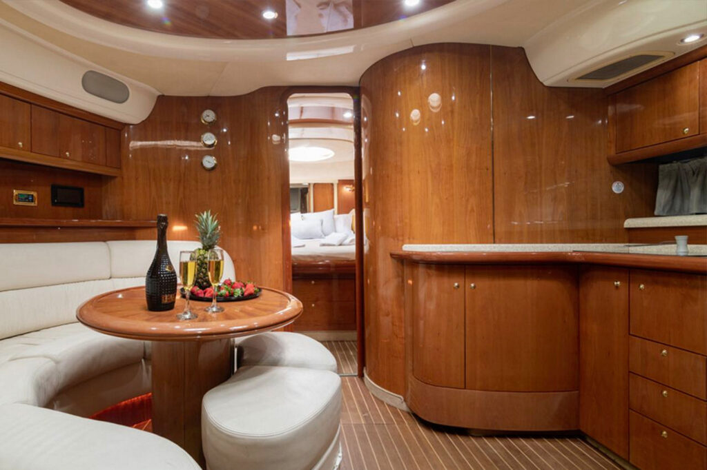 Super modern interior of the most lavish yacht for rent, Mykonos.