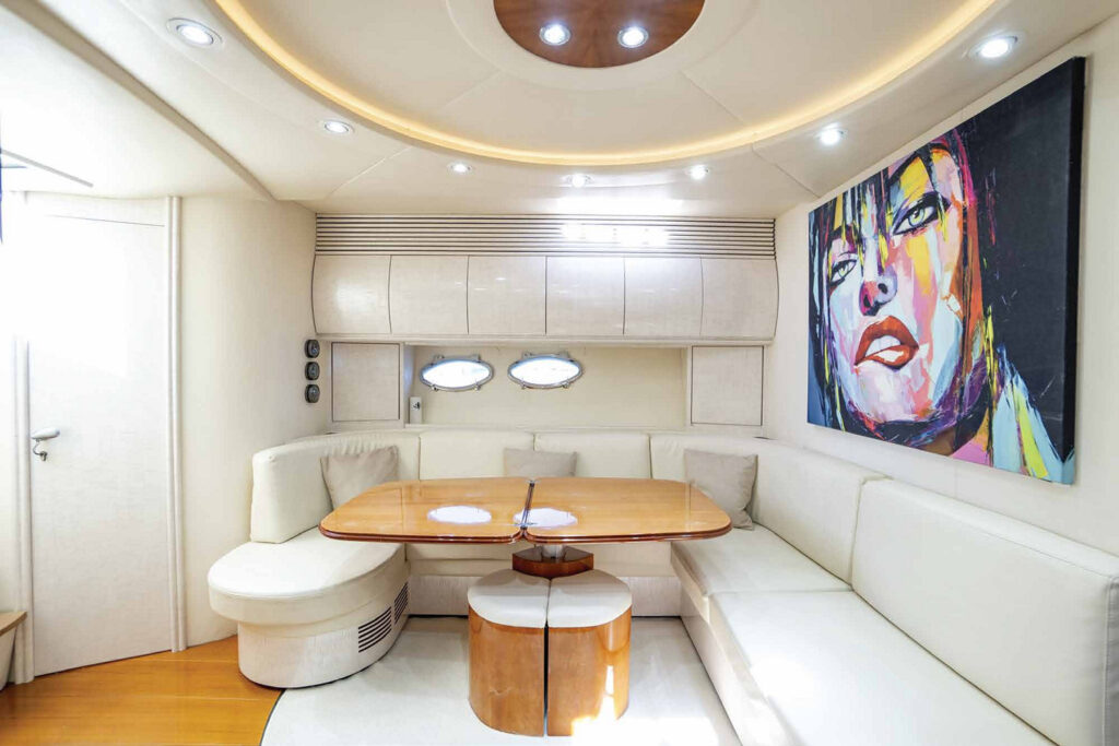 Dining room in a splendid yacht for rent in Mykonos.