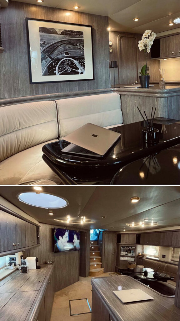 Modern furniture and kitchen assets in a deluxe yacht for rent, Mykonos.