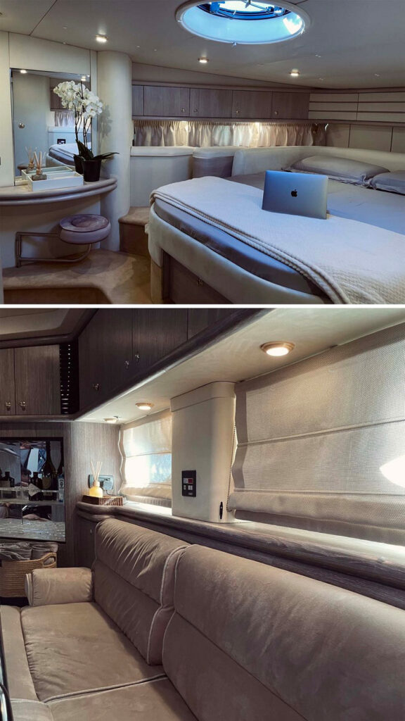 Cozy furniture and a comfy, luxurious bed in Mykonos best yacht for rent.