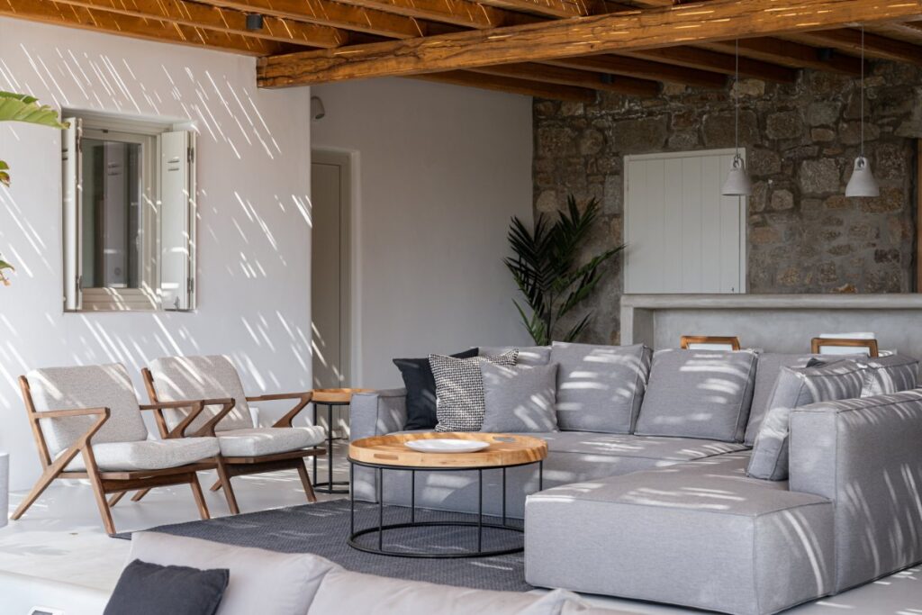 A perfect balance of comfort and elegance in the outdoor chill-out area at Mykonos luxurious villa for rent.