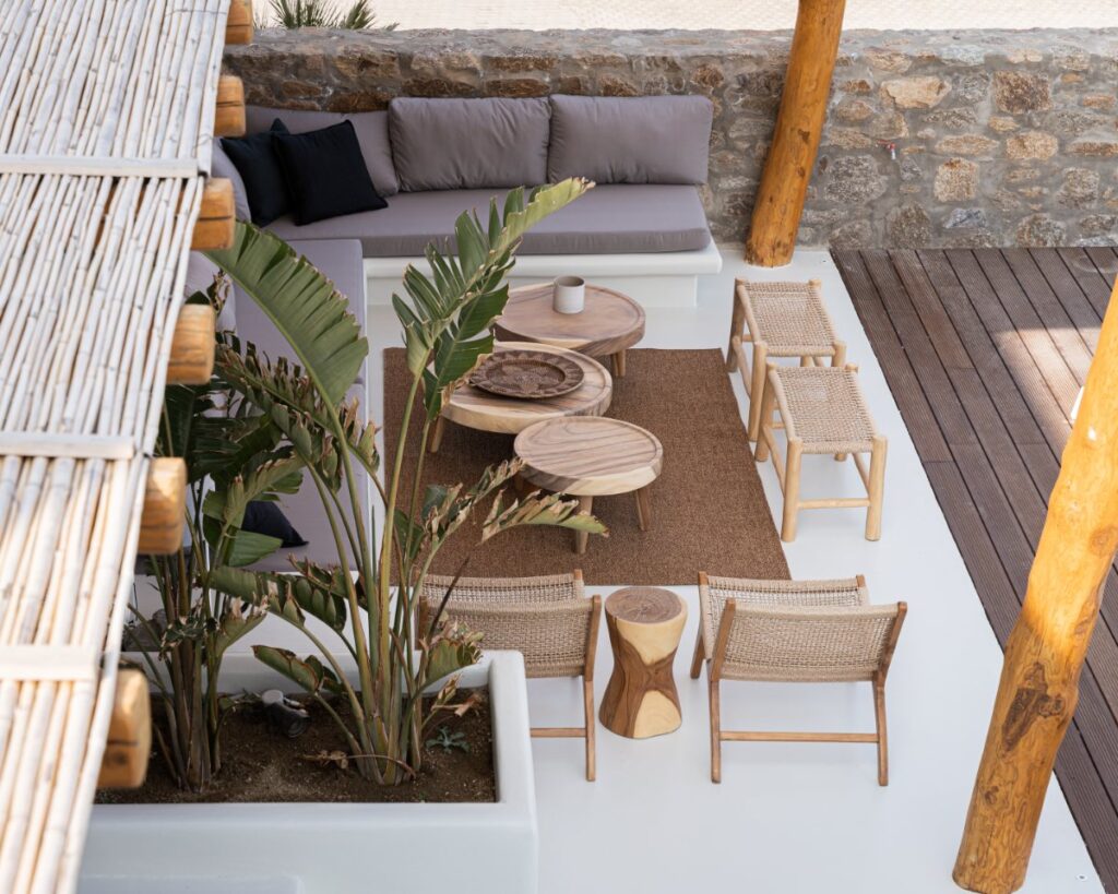 Idyllic charm of outdoor space at our rental, prestigious villa in Mykonos.
