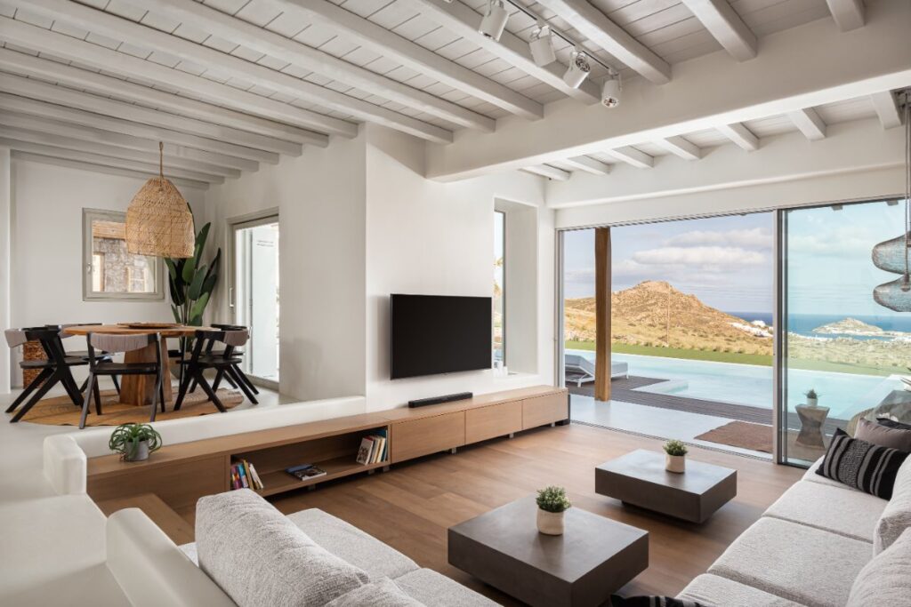 Cozy living room for relaxing in Mykonos rental villa.