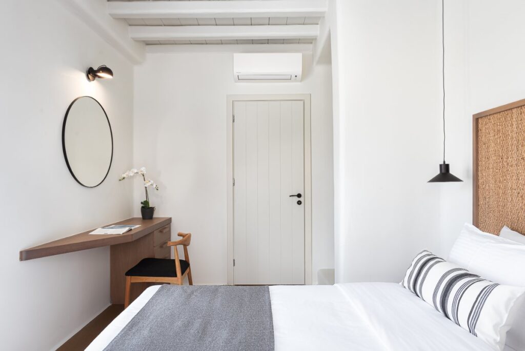 Spacious bedroom, full of light, in Mykonos rental villa for rent.