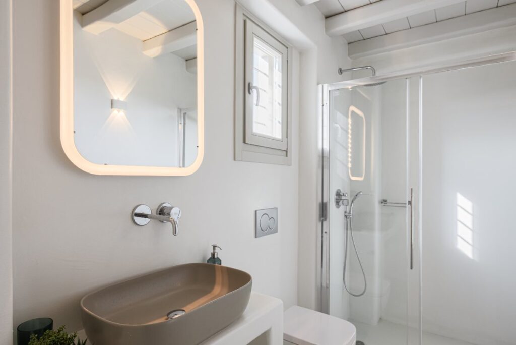 Spacious bathroom in Mykonos best villa for rent.