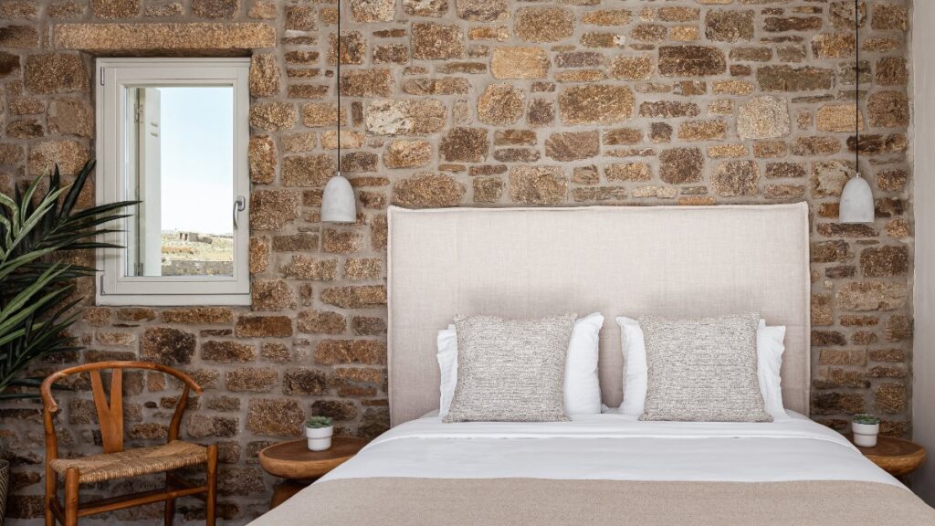 Elegant and modern bedroom in a lavish Mykonos villa for rent.