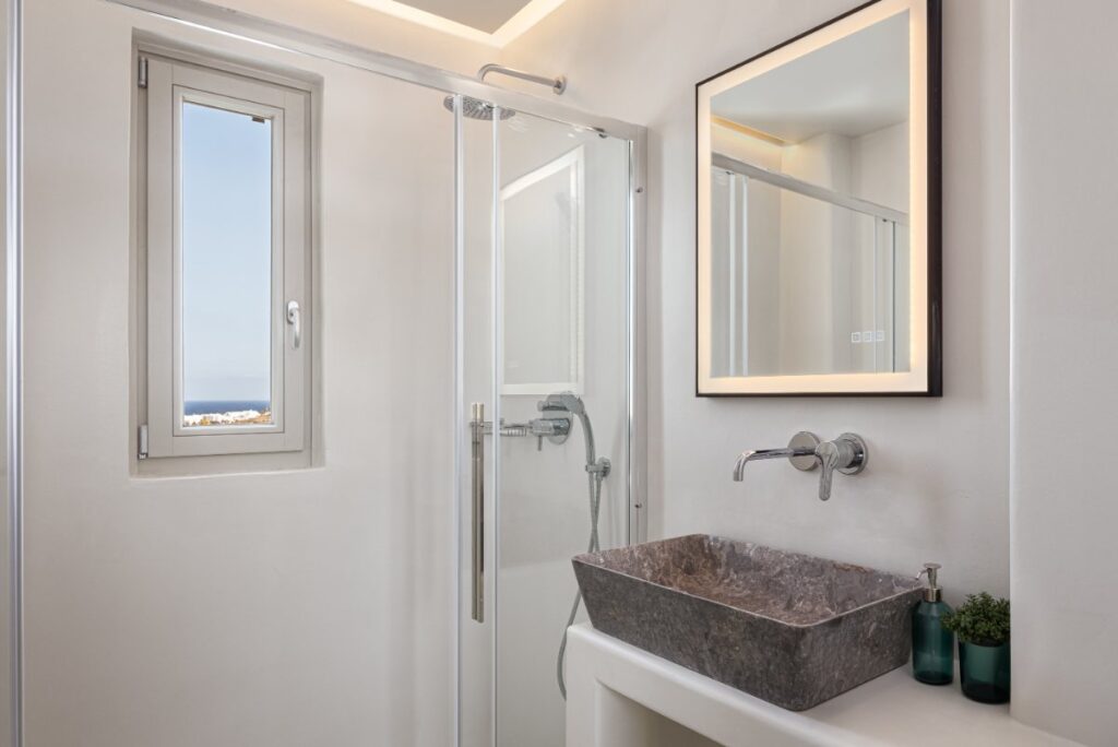 Appealing bathroom in the best Mykonos villa for rent.