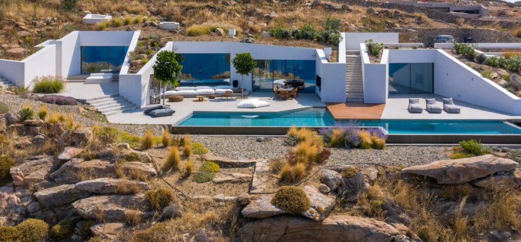 Elegant and spacious pool in villa for rent in the upscale destination of Mykonos.