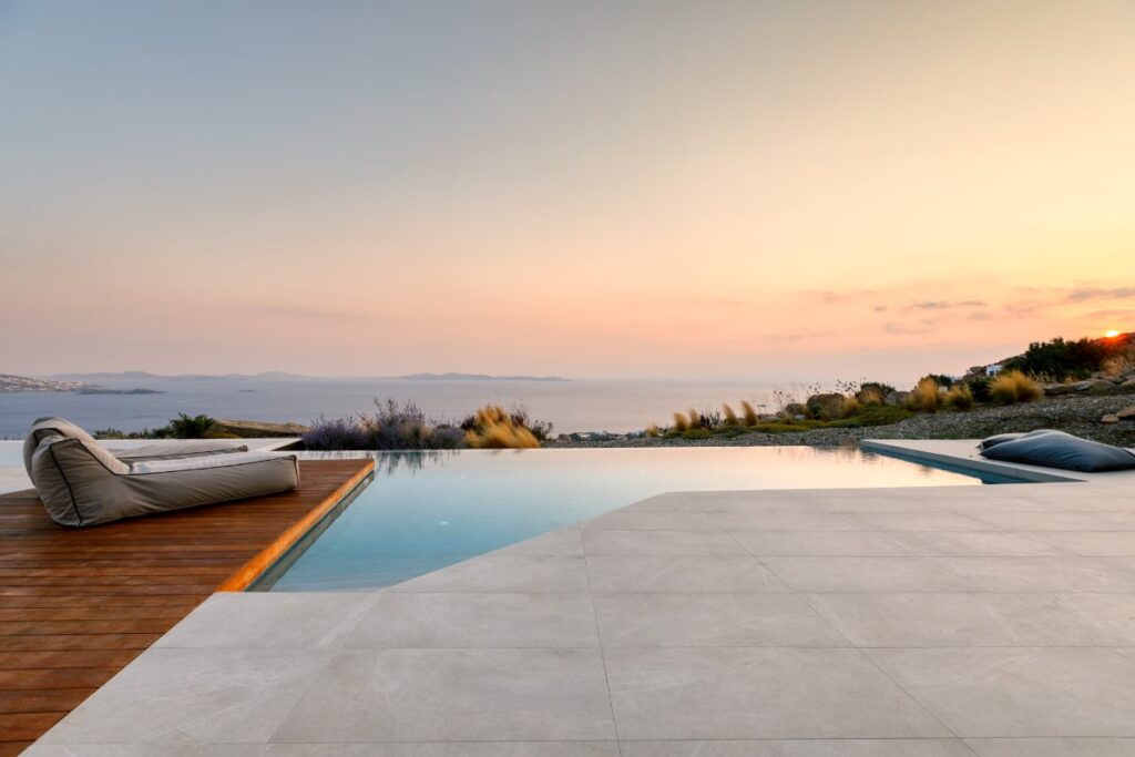 Golden hour, infinity pool and Mykonos best villa for rent.