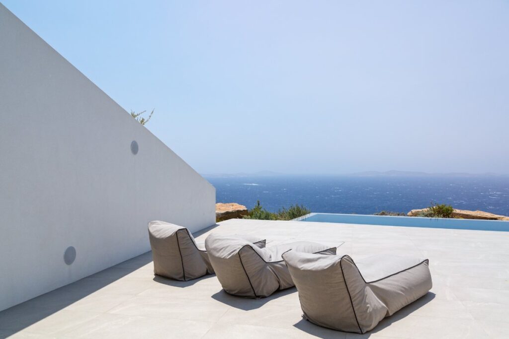 Sun beds, Mykonos lavish villa for rent.