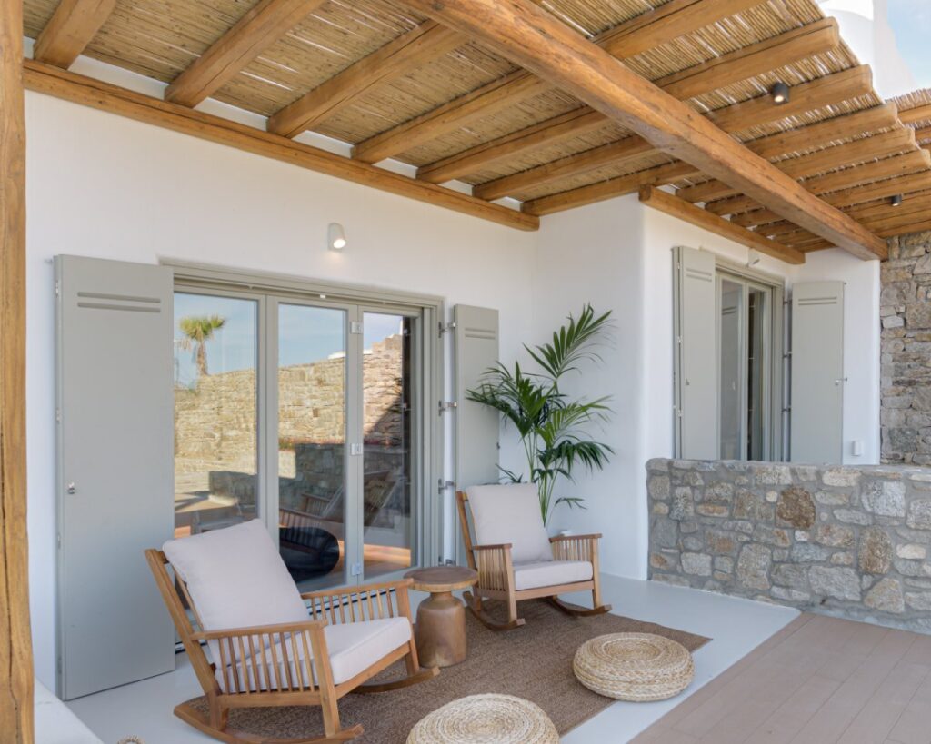Enjoy the fancy balcony at the opulent villa for booking, Mykonos.