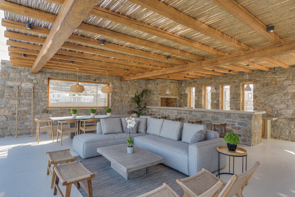 Outdoor modern lounge in Mykonos villa for rent.