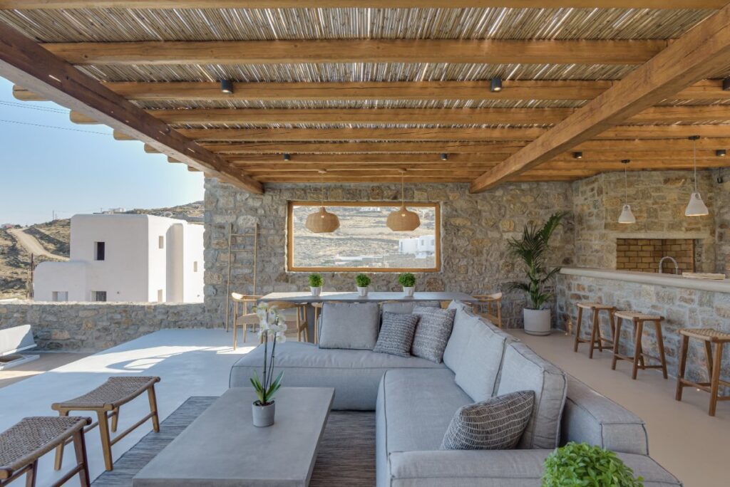 High-quality furniture outside of Mykonos rental villa, Greece.