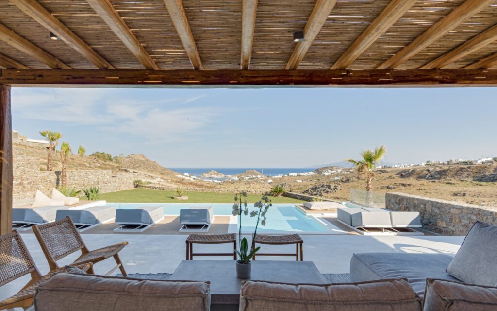 Enjoy the Aegean Sea view from the best Mykonos villa for rent.
