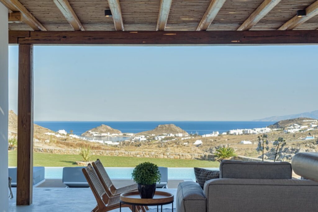 Stunning view of the Aegean Sea from a secluded Mykonos villa for rent.