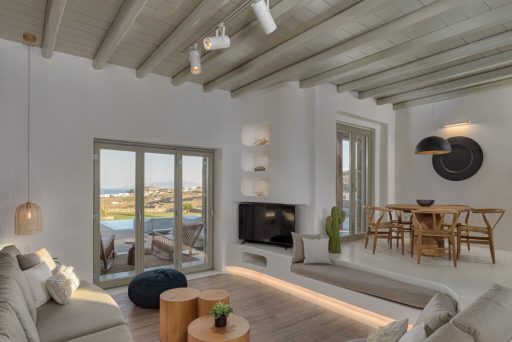 Spacious and opulent living room in our Mykonos rental villa, ready for booking.