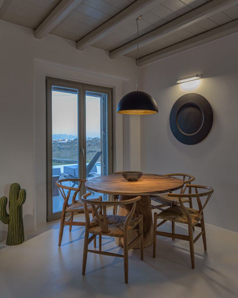 Modern dining room in Mykonos villa for rent.