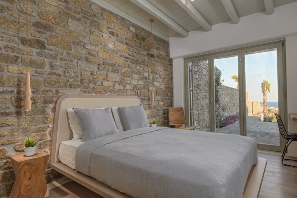 Luxurious bedroom in Mykonos top villa for rent.