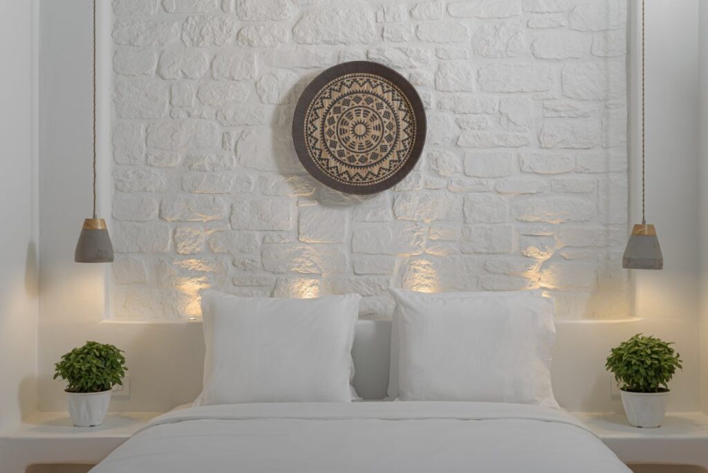 Bedroom with wonderful details in Mykonos villa for rent.