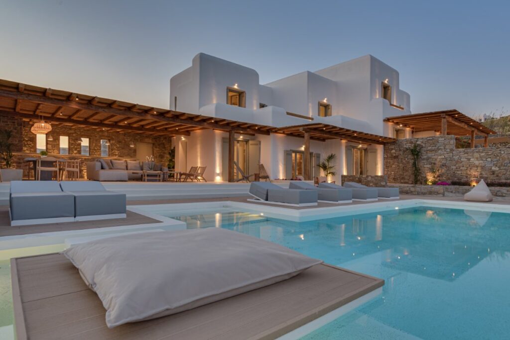Cozy pool area in the finest Mykonos villa for booking.