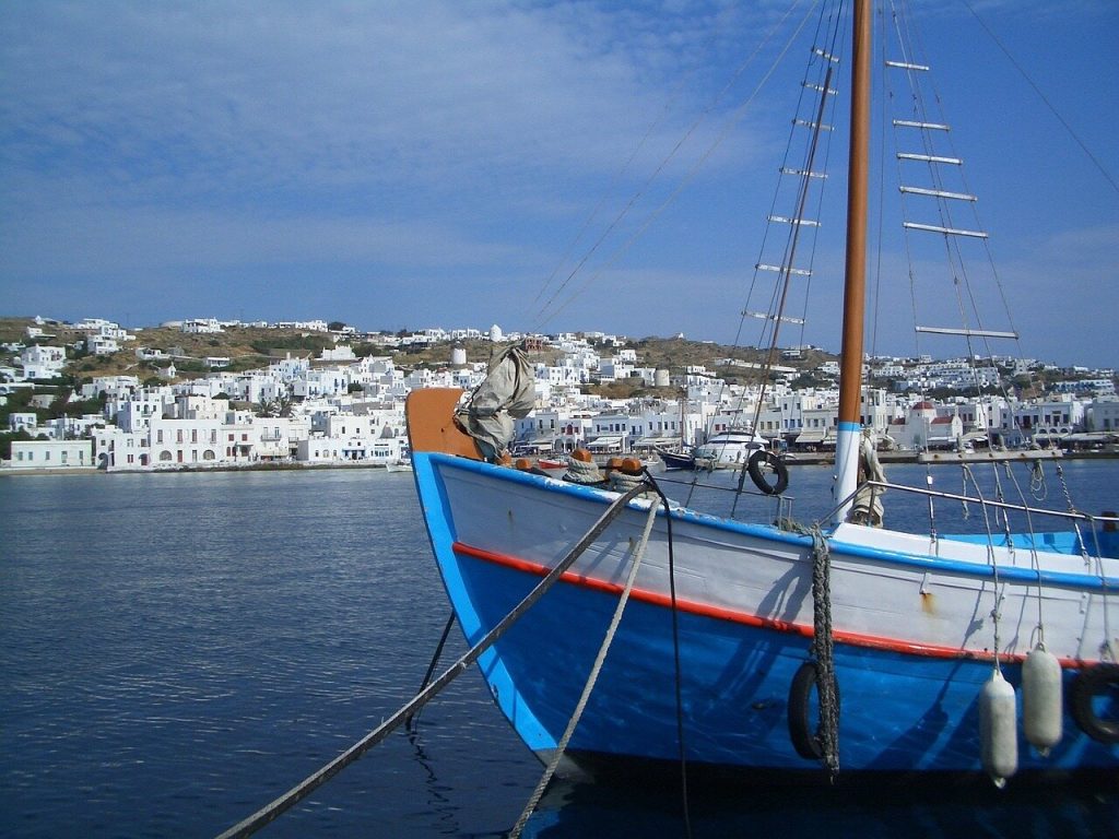 A fishing boat next to the coast of Mykonos
