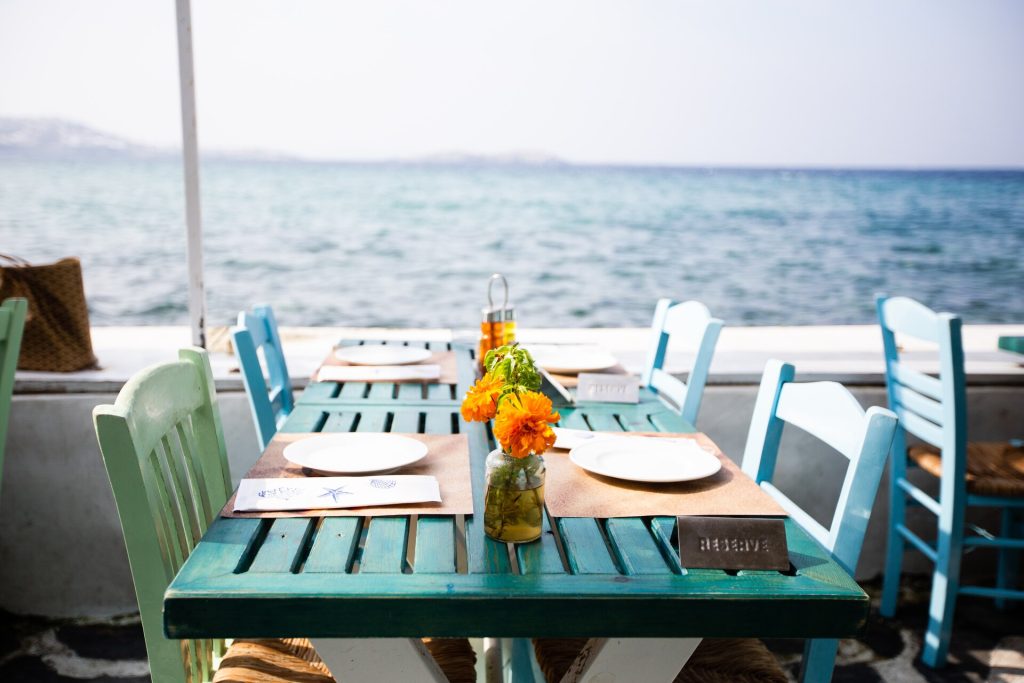 A table in a restaurant by the sea