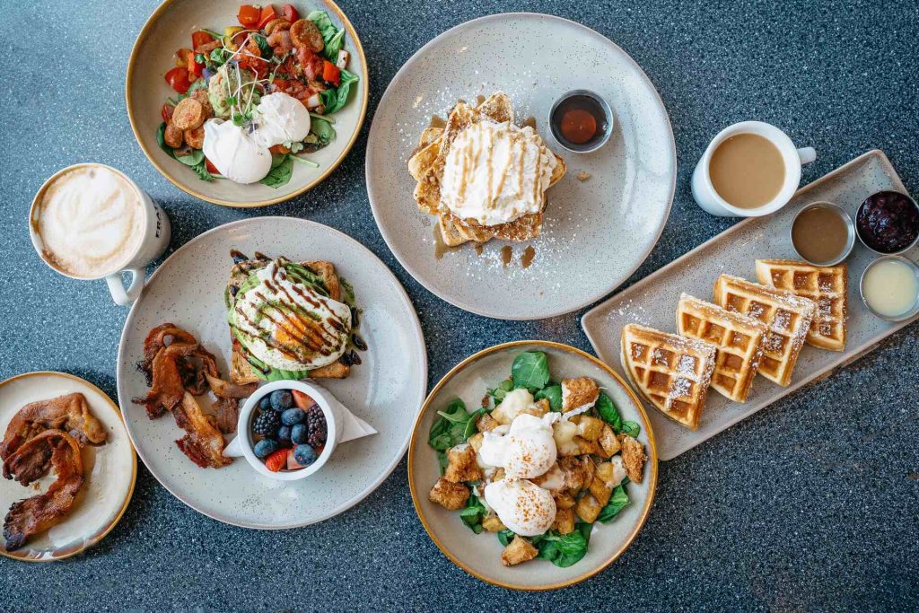 Brunch dishes on a table