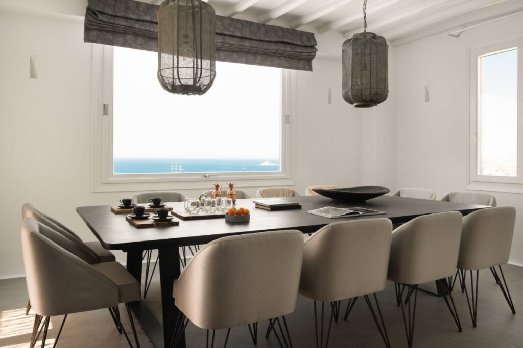 Dining room in a splendid Mykonos villa for rent.