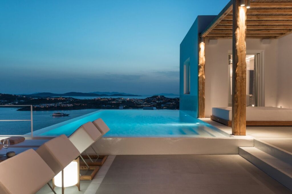 Private pool in a deluxe home for rent, Mykonos.