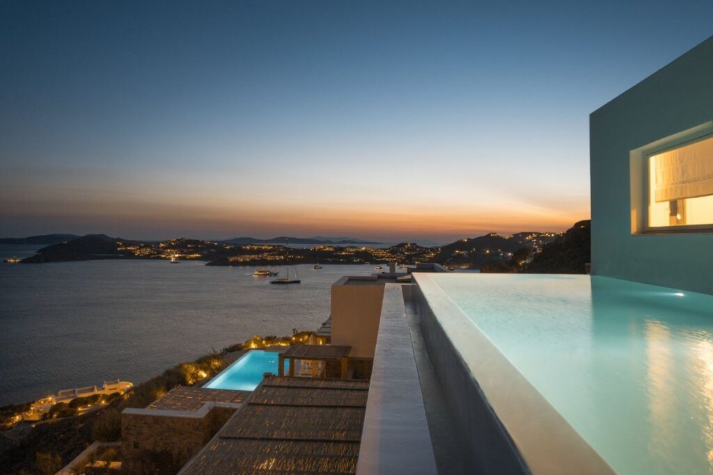 Magical sunset and Mykonos best villa for rent.
