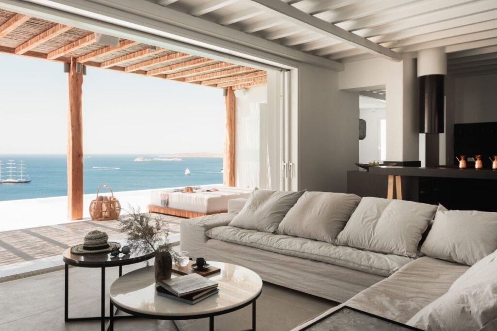 Living room with a fantastic view, Mykonos rental home.