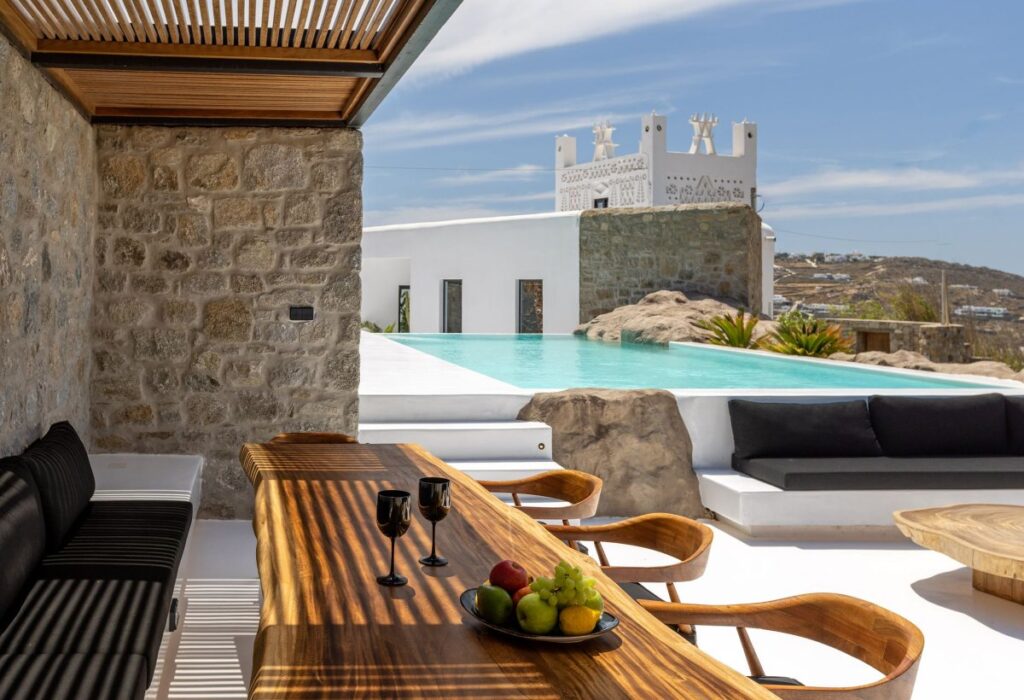 Private pool and luxurious terrace in Mykonos top rental villa.