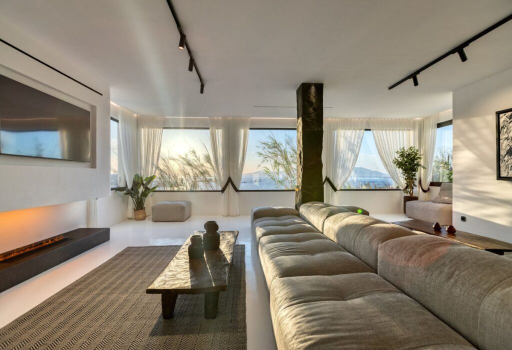 Comfy living room in the best Mykonos villa for rent.