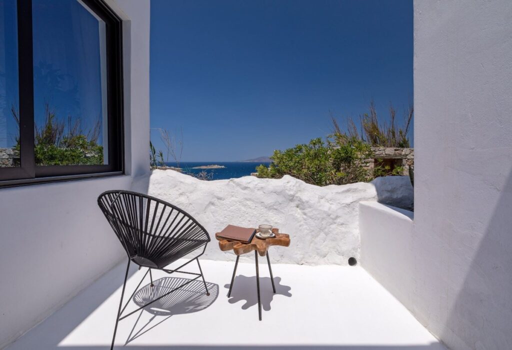 Balcony with a perfect view of the Aegean Sea, Mykonos best villa for rent.