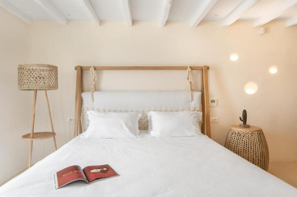 Deluxe bedroom in an upscale rental villa in Mykonos.