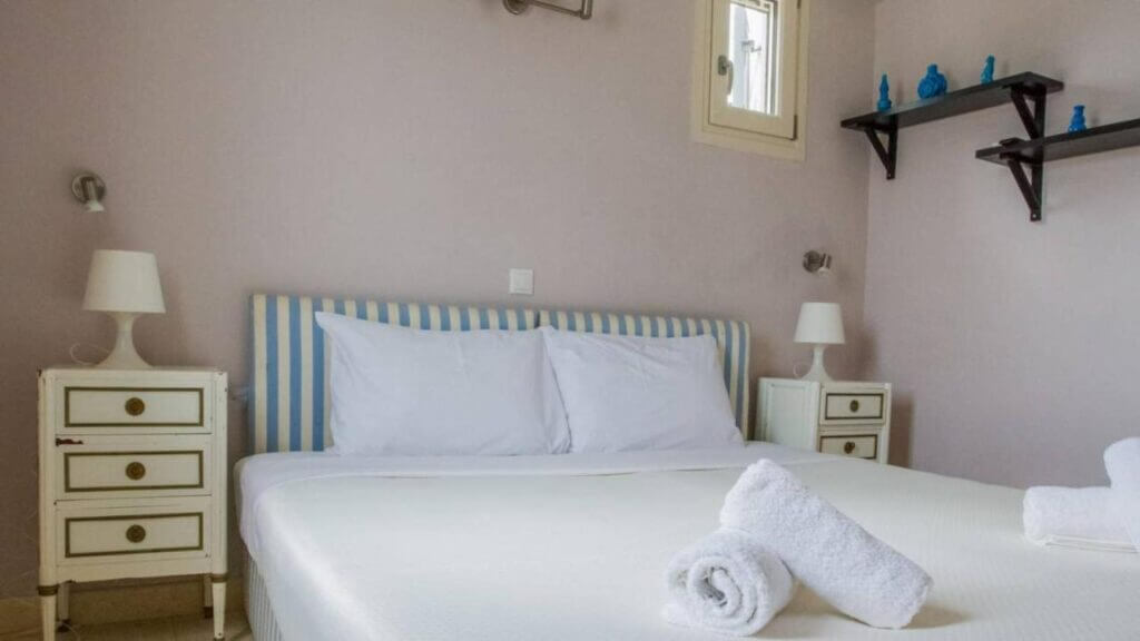 Sumptuous bedroom in the finest rental home on Mykonos Island.